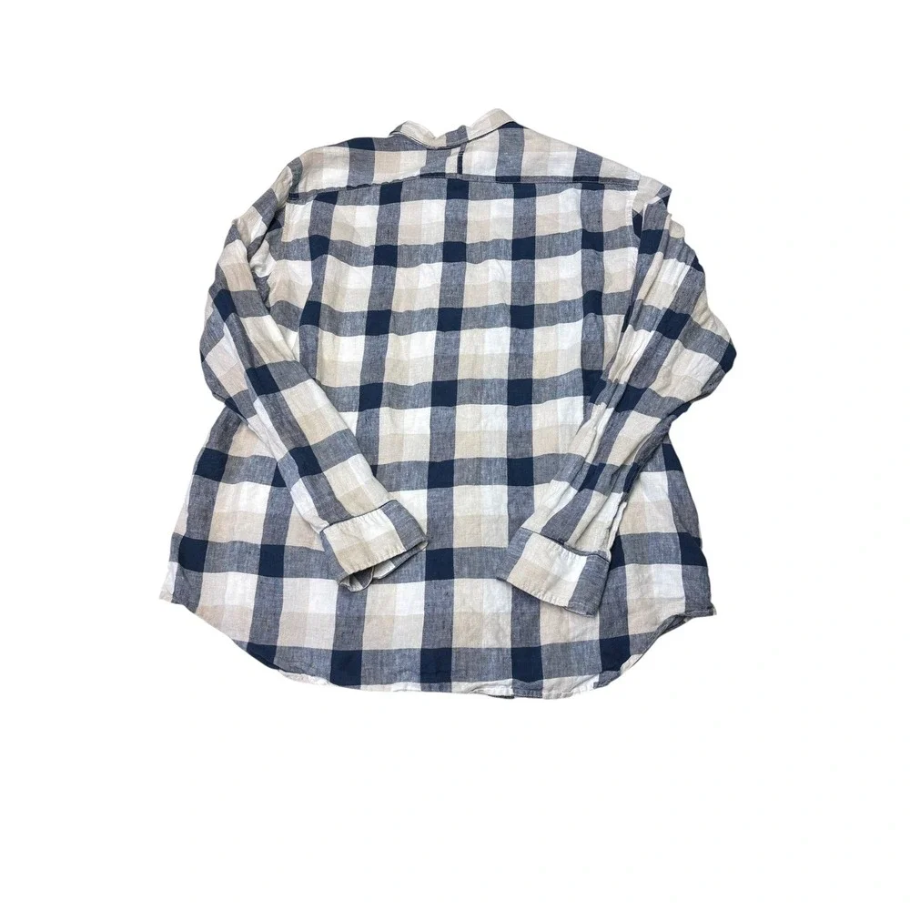 Banana Republic Mens XL Camden Fit 100% Linen Shirt Navy Tan Buffalo Check Plaid